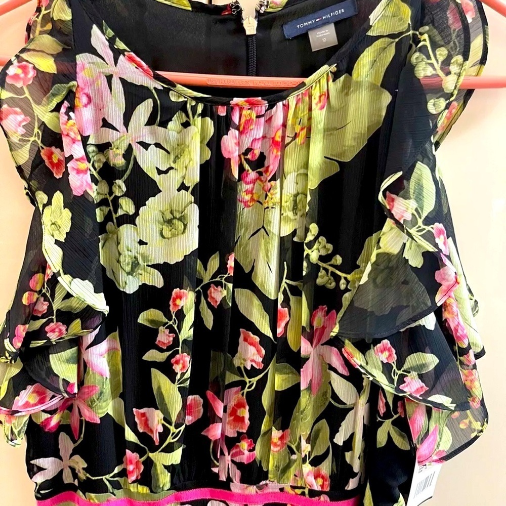 Tommy Hilfiger Womens Pink Floral Sleeveless Ruffle Evening Midi Dress Size 12 - Picture 7 of 9